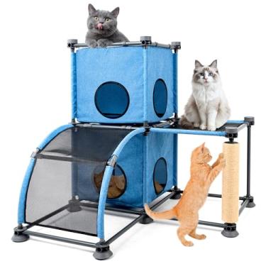 Imagem de PetEase Árvore grande para gatos com poste para arranhar, escada e poleiros – móveis de escalada para gatos em vários níveis para uso interno/externo + azul/90 cm C x 90 cm L x 94 cm A