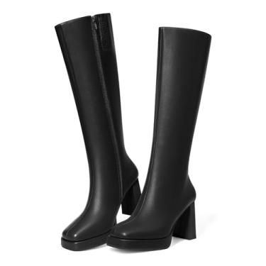 Imagem de Coutgo Botas femininas na altura do joelho plataforma salto alto grosso bico quadrado zíper lateral Gogo botas sapatos, Preto, 35