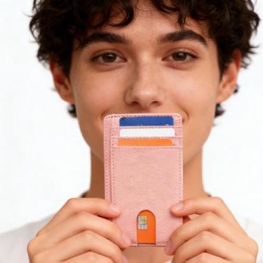 Imagem de Carteira pequena e fina para homens e mulheres, porta-cartões minimalista de couro com bolso frontal com design de bloqueio de RFID, rosa, Minimalista