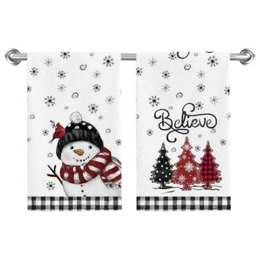 Imagem de Conjunto de 2 toalhas de prato com árvore de Natal, boneco de neve, boneco de neve, pássaro, Believe, toalhas de mão, 45 x 66 cm, panos de prato de secagem sazonais de inverno para cozinha, banheiro