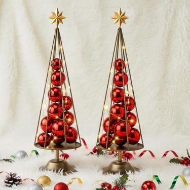 Imagem de LEIFIDE Decorações de mesa de Natal de 15,7 polegadas, 2 peças de decorações de mesa de cone de metal com topo de estrela e bolas, tiras de luz de LED para enfeite de mesa de festa de casamento de