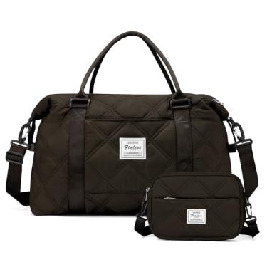 Imagem de Bolsa esportiva de viagem para mulheres, bolsa de fim de semana noturna com bolso molhado e manga de carrinho, bolsa de transporte bolsa esportiva de academia, Z - Xadrez - Marrom, Conjunto (1 bolsa de viagem + 1 bolsa de higiene)