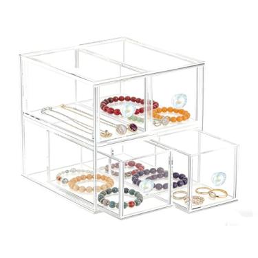 Imagem de HESIN Organizador de maquiagem de acrílico transparente com 4 bandejas de gaveta, armazenamento de cosméticos para quarto, banheiro, bancada, cômoda (Médio, 4)