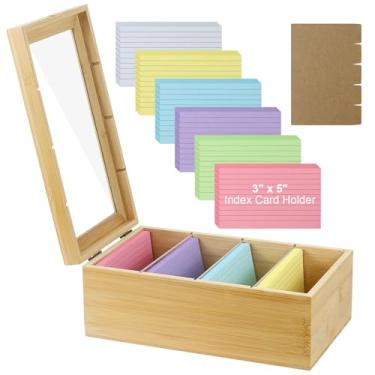 Imagem de MultiBey Caixa de cartão de índice de bambu de 7 x 12 cm com divisórias de acrílico e tampa removível - kit organizador de 4 compartimentos com 300 cartões forrados e 5 abas Kraft para escritório