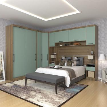 Imagem de Quarto De Canto Casal Com Guarda Roupas Cabeceira E Mesas De Cabeceira Paris Luciane Móveis Avelã Pf Com Verde Pf