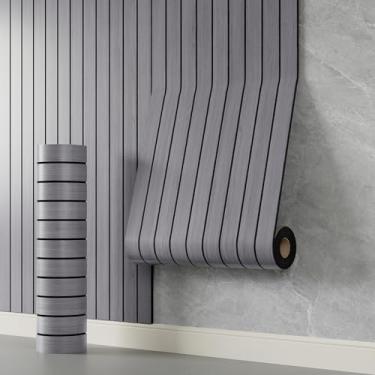 Imagem de YLL YLL Painel de parede de ripas de PVC Peel and Stick 599.4 cmx 39.9 cm Painel de ripas de grão de madeira cinza falso papel de parede autoadesivo painéis de parede 3D à prova de som
