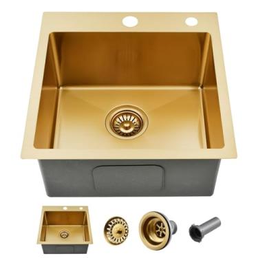 Imagem de Pia de barra dourada de 45,7 cm - Brovy, pia de barra pequena, dourada, calibre 18, montagem superior de aço inoxidável, montagem superior para trailer, pias de tigela com filtro de drenagem