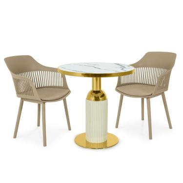 Imagem de Conjunto Mesa De Jantar Redonda Imperial 70cm Branca Com 2 Cadeiras Estofadas Marcela - Nude Escuro