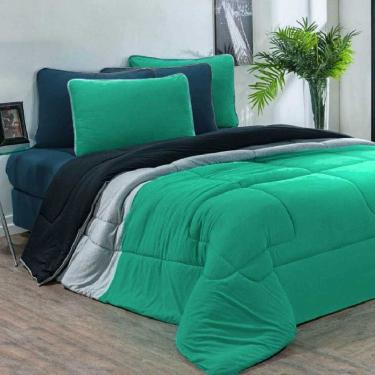 Imagem de Edredom Malha 100% Algodão Urbano 1 Peça Casal - Verde Jade/Mescla/Preto