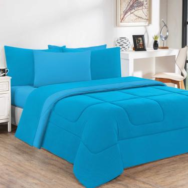 Imagem de Kit Edredom Malha 100% Algodão Gran Moratta 3 Peças Queen - Azul Turquesa/Azul Turquesa