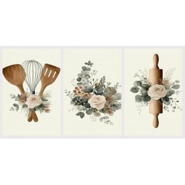 Imagem de 3 peças arte de parede verde sálvia fazenda cozinha arte de parede minimalista restaurante estampas florais decoração de parede vintage cozinha país pinturas imagens pôsteres arte fazenda restaurante