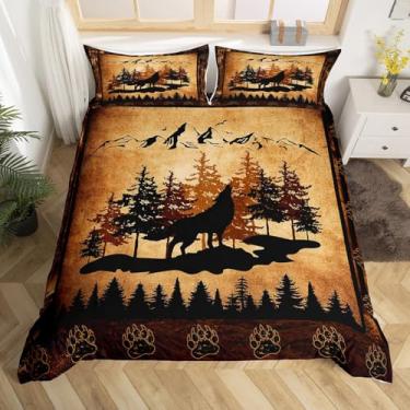 Imagem de Jogo de cama queen com lobo selvagem, tamanho Queen, cabana de cabana de animais selvagens, estampa de pata para crianças, adolescentes e adultos, capa de edredom rústica com 2 fronhas, sem edredom