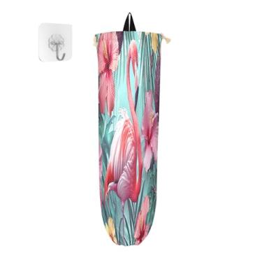 Imagem de Flamingo rosa em suportes de saco plástico de hibisco tropical, dispensador de sacolas plásticas para sacolas de supermercado, organizador de bolsas para armazenamento de sacolas plásticas de cozinha