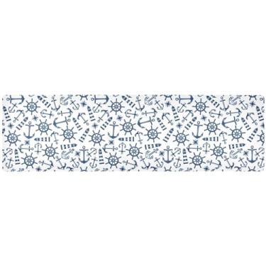 Imagem de Náutico marinho com tripé azul, tapetes de mesa de ilha de cozinha, decoração de mesa de cozinha