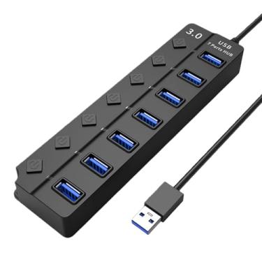 Imagem de Hub USB 3.0, divisor de hub USB de 7 portas, expansor USB A, adaptador USB, hub de dados multiportas com interruptores e luzes individuais para MacBook, laptop, PC, Surface Pro, PS4/5, pen drive, HDD