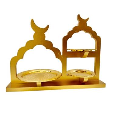 Imagem de Conjunto de bandeja de mesquita preta e estilo chaleira tradicional, MDF e aço inoxidável, elegantes placas douradas para decoração do Ramadã (ouro Minar Masjid)