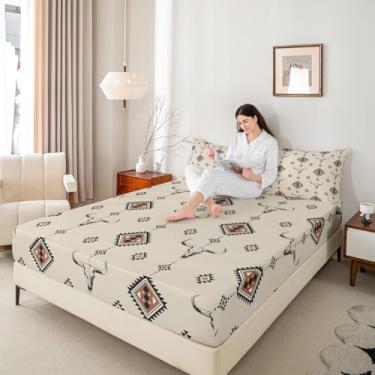 Imagem de Jogo de lençol casal, estilo boho, tribal do sudoeste, vaca campestre e caveira, 3 peças (sem lençol de cima), lençol com bolso profundo de caubói retrô, 2 fronhas