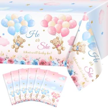 Imagem de Avezano 6 peças de toalha de mesa Bear Gender Reveal azul e rosa We Can Bearly Wait Toalhas de mesa Ele ou ela Gênero Revelar Decorações 272 x 137 centímetros