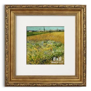 Imagem de GiftMust Moldura dourada antiga 20 x 20 cm, moldura ornamentada em relevo com tapete de papel e vidro verdadeiro, adequada para 20 x 20 sem tapete ou 12 x 12 cm com tapete, mesa ou suporte de parede