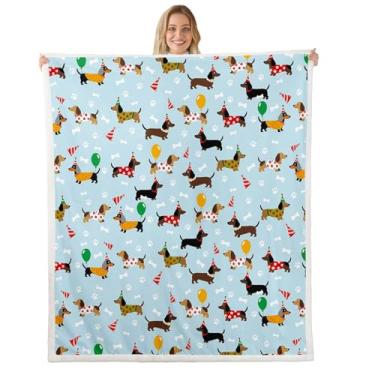 Imagem de Lindo cobertor de flanela de lã para cachorro Dachshund, adorável pegada de cachorro e cama de osso, cobertor de sofá de sofá de 101,6 cm x 127 cm, padrão de balão de aquarela felpudo macio para