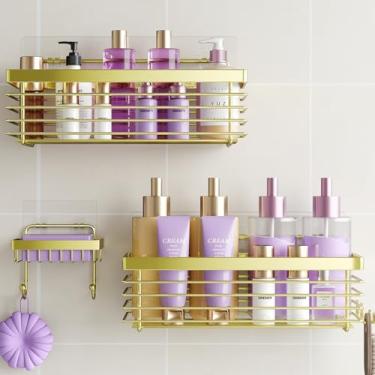 Imagem de ODesign Suporte de chuveiro, pacote com 3 SUS304, aço inoxidável, sem perfuração, prateleiras de banheiro, à prova de ferrugem, organizador de cesta de chuveiro adesivo dourado