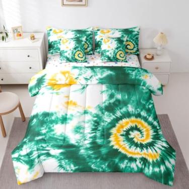 Imagem de Erosebridal Jogo de edredom tie dye King em uma bolsa para meninas, com estampa de redemoinho, pastel, boêmio, cigano, geométrico, arco-íris, respirável, leve, verde