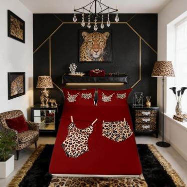 Imagem de Manfei Jogo de cama casal de leopardo, roupa de cama descolada Y2k estética moderna fácil de lavar, decoração de quarto de meninos e meninas, lençol vermelho marrom (com elástico + plano + 2 fronhas)