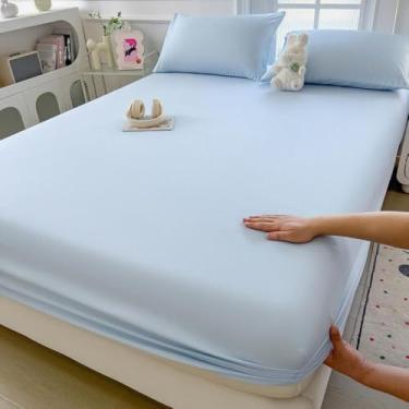 Imagem de Lençol de elástico completo, capa protetora de colchão macio, roupa de cama luxuosa e ultramacia, não desbota, respirável, totalmente elástico, para cama de casa e hotel - azul escuro||200 x 220 cm