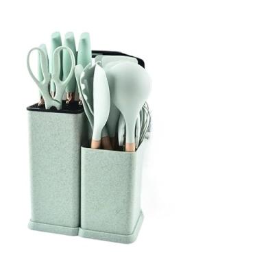 Imagem de Kit Completo Jogo Utensílios De Cozinha 19 Peças Com Tábua Em Silicone Espátula Faca Tesoura(Verde)