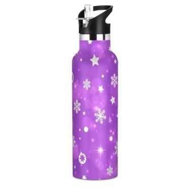 Imagem de Joisal Garrafas de água isoladas infantis de 590 ml com tampa de palha, flocos de neve de Natal, roxo, garrafas de água escolares, de aço inoxidável, com alça, copo de viagem à prova de vazamento