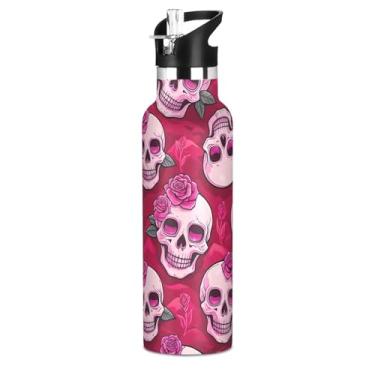 Imagem de Garrafa de água fofa rosa caveiras rosas com tampa de canudo garrafas de água de aço inoxidável isoladas para adolescentes meninos 590 ml parede dupla vácuo livre de BPA copos de viagem para crianças