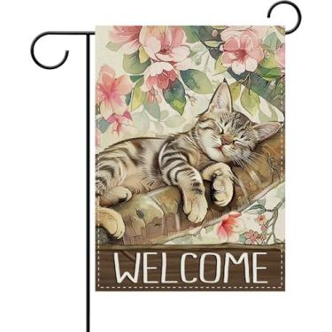 Imagem de Dyrenson Welcome Spring Summer Sleeping Tabby Cat Decorative Garden Flag, Pink Flower Yard Outside Home Decoration Pet Cat Owner Lover Gift, Floral Farmhouse Outdoor Small Decor Dupla Face 12 x 18