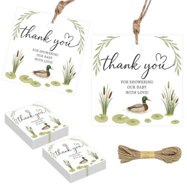 Imagem de 50 etiquetas de presente temáticas de pato selvagem, design quadrado de pato e lírio d'água com fio de juta, etiquetas de presente de papel para chá de bebê, lembrancinhas de festa de animais de