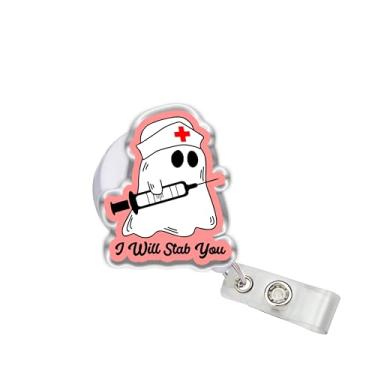 Imagem de OKOMCM Carretel retrátil para crachá I Will Stab You, fofo enfermeira fantasma tamanho 5 cm clipe de cinto acrílico para crachá de identificação, cordão feminino, acessórios de saúde médicos