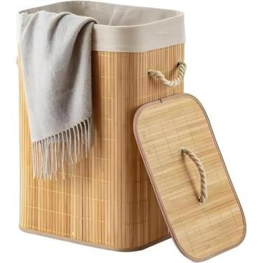 Imagem de Cesto De Roupa Suja Bambu Dobravel Organizador 60L Forrado Banheiro 60cm Grande Cesto Retangular(2 unds)