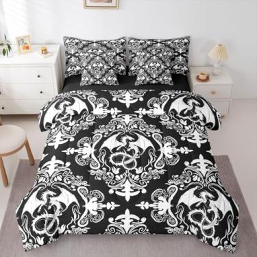 Imagem de Feelyou Conjunto de edredom queen damasco, tamanho Queen, com dragão, 7 peças, para crianças, meninos, meninas, jacquard com edredom e lençóis e capas de almofada, vintage, damasco, floral, decoração
