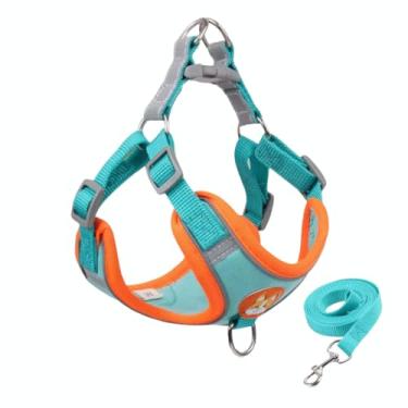 Imagem de Coleira Peitoral para Cachorros e Gatos com Colete Reflexivo Regulável e Guia de Passeio Material Respirável, Brilha no Escuro, Ajuste Seguro com Fivela e Mosquetão (AZUL, L)