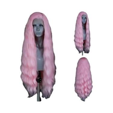 Imagem de Peruca Sintética Longa Com Ondas Naturais Em Rosa Pastel, Lace Front, 