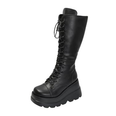 Imagem de Botas longas femininas casuais estilo britânico cor sólida bico redondo cadarço lateral zíper salto plataforma sola grossa, Preto, 39