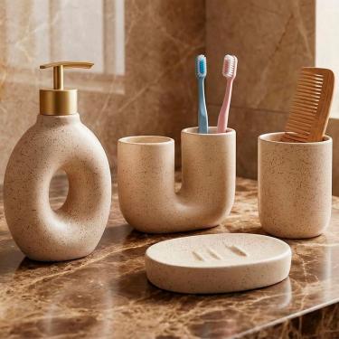 Imagem de Jogo De Banheiro Acessórios Lavabo Elegante Areia Kit 4pçs