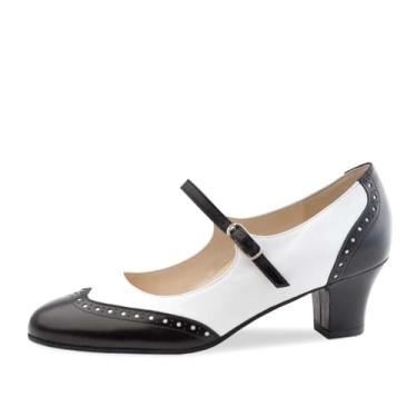 Imagem de Wrynthevia Sapato feminino com salto gatinho em dois tons, ponta de asa, Mary Jane, bico redondo, fechado, salto grosso de 4,7 cm com tira no tornozelo, estilo Oxford, festa, escritório, senhora