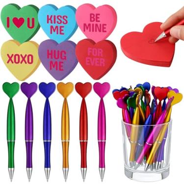 Imagem de Tenceur Pacote com 24 canetas de dia dos namorados e 24 unidades de notas adesivas coloridas em forma de coração, canetas esferográficas Macaron, bloco adesivo, 75 folhas/bloco, presente de dia dos