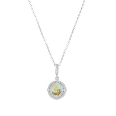 Imagem de Colar com pingente de aço inoxidável camafeu de flores pintadas delicadas para mulheres, adolescentes, banhado a ouro, zircônia cúbica, pingentes redondos em relevo, corrente ajustável, gargantilha de