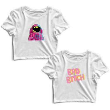Imagem de Kit 2 Blusas Cropped Tshirt Feminina Astronauta Colorido e Bad Bitch -