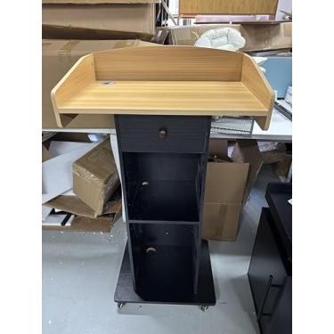 Imagem de Suporte de pódio com rodas de metal Púlpito de madeira Púlpito de Púlpito Portátil com Armazenamento Móbile Recepção Pódios para Igreja Escritório Escola Conferência Restaurante Reunião, Madeira +