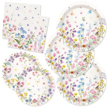 Imagem de CC HOME Pratos de papel de aniversário com flores em aquarela, guardanapos, borboleta, flor, descartáveis, utensílios de mesa, artigos de festa, tema floral, para 24 convidados para auditorias, chá de