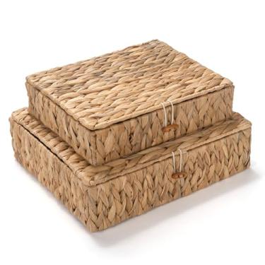 Imagem de Cesta de armazenamento de vime com tampa, cestas planas de jacinto de água, cesta de tecido raso para mangueira, caixas de armazenamento decorativas para organizar