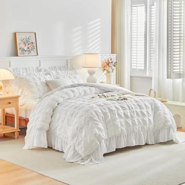 Imagem de Flysheep Conjunto de capa de edredom branco xadrez Seersucker com franjas largas e babados, jogo de cama de casal macio de 3 peças para todas as estações, conjunto de cama de casal com fronhas de