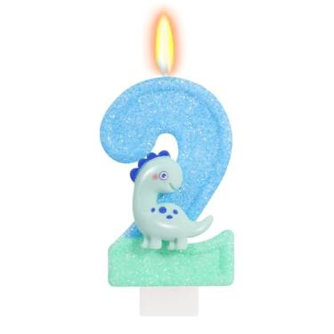 Imagem de ElekFX Vela de aniversário número 2 de dinossauro, lindo topo de bolo de dinossauro verde, decorações de aniversário de dinossauro para artigos de festa infantil