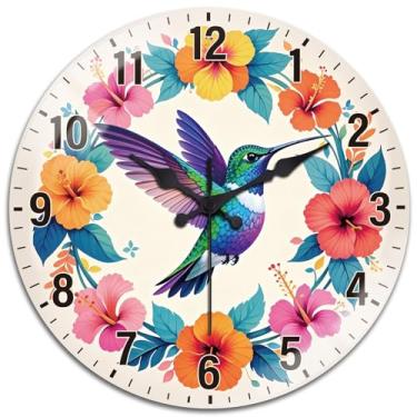 Imagem de peacoblue Relógios de parede, beija-flor operados por bateria e flores, relógio de parede redondo de vidro de 30 cm, sem tique-taque, para cozinha, sala de jantar, quarto e banheiro, acessórios de